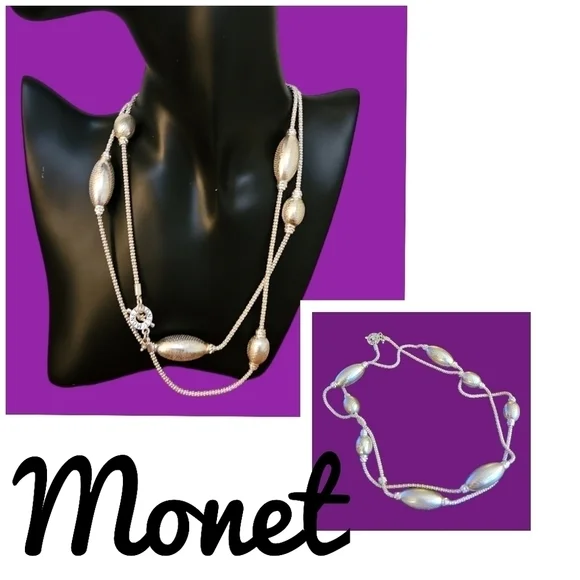 MONET Silvertone Beaded Long Sweater Chain Holiday Necklace - Picture 1 of 6